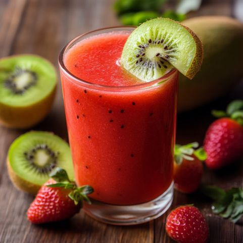 A refreshing glass of strawberry kiwi juice garnished with slices of fresh strawberry and kiwi, surrounded by ripe fruits on a wooden table.