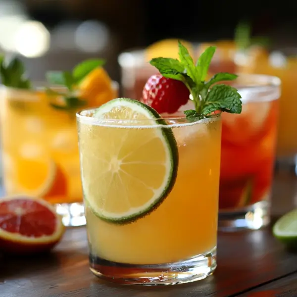 Refreshing sugar-free mocktails served in glasses, garnished with fresh mint, citrus slices, and vibrant fruits on a table.