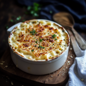 A creamy and cheesy mac and cheese served in a baking dish, topped with golden breadcrumbs and oozing with melted cheese.