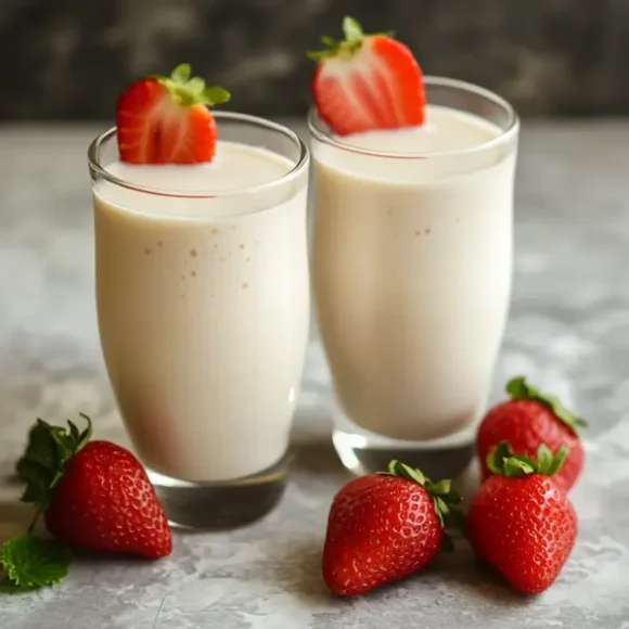 A refreshing yogurt drink made with fresh yogurt, blended fruits, honey, and a touch of milk served in a tall glass with ice cubes.