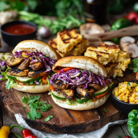 An assortment of vegetarian and vegan BBQ sandwiches, including jackfruit, tofu, portobello mushroom, and seitan-based options, all served on soft buns with various toppings like coleslaw, pickles, and fresh vegetables.