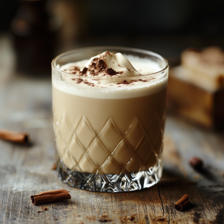 Serving a bourbon cream drink in a glass, garnished with a cinnamon stick or a sprinkle of nutmeg, placed on a wooden bar counter with ice.