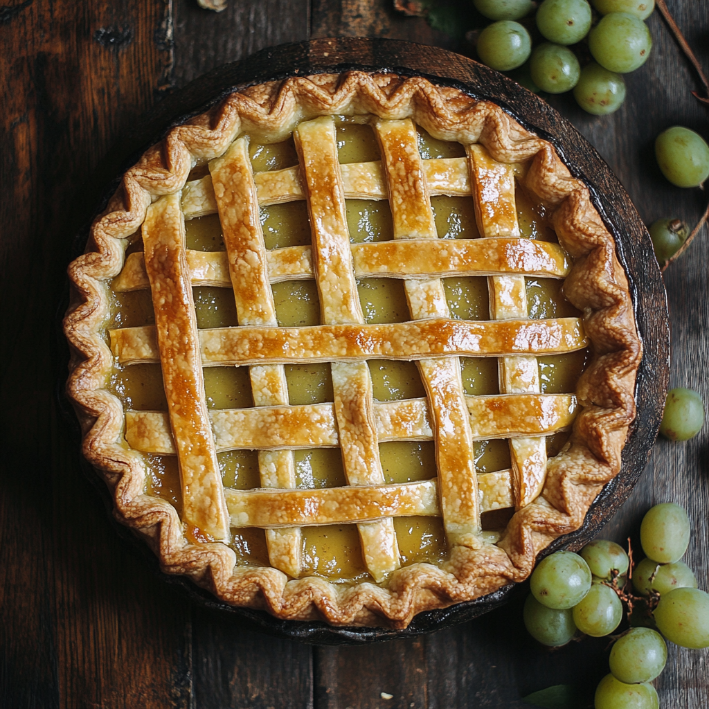 A freshly baked gooseberry pie with a golden, flaky crust, filled with a sweet and tangy gooseberry filling, topped with a lattice crust and a dusting of powdered sugar.