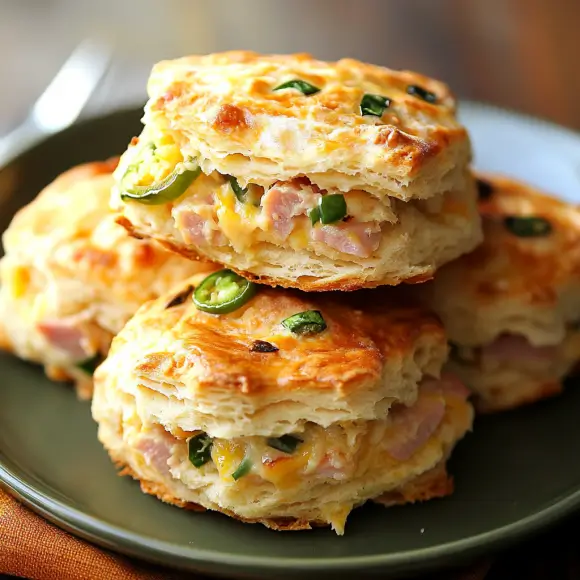 Serving freshly baked ham and jalapeno biscuits, golden brown and topped with melted cheese for a savory, spicy treat.