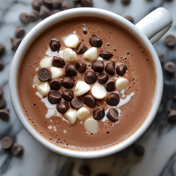 A warm mug of hot cocoa with chocolate chips, topped with whipped cream and chocolate shavings, served with a cinnamon stick on a cozy wooden table.