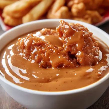 Close-up of homemade KFC-style hot honey sauce being poured over crispy fried chicken.