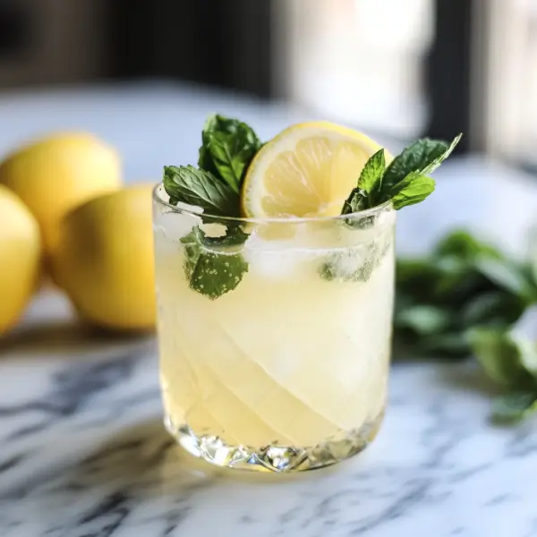 Serving a refreshing lemonade mocktail in a glass, garnished with a lemon slice and mint leaves, placed on a wooden table with ice cubes.