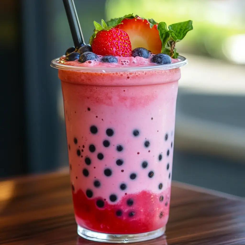 Serving a perfect boba smoothie in a tall glass, with tapioca pearls at the bottom, topped with a layer of blended fruit smoothie, and a straw for sipping.