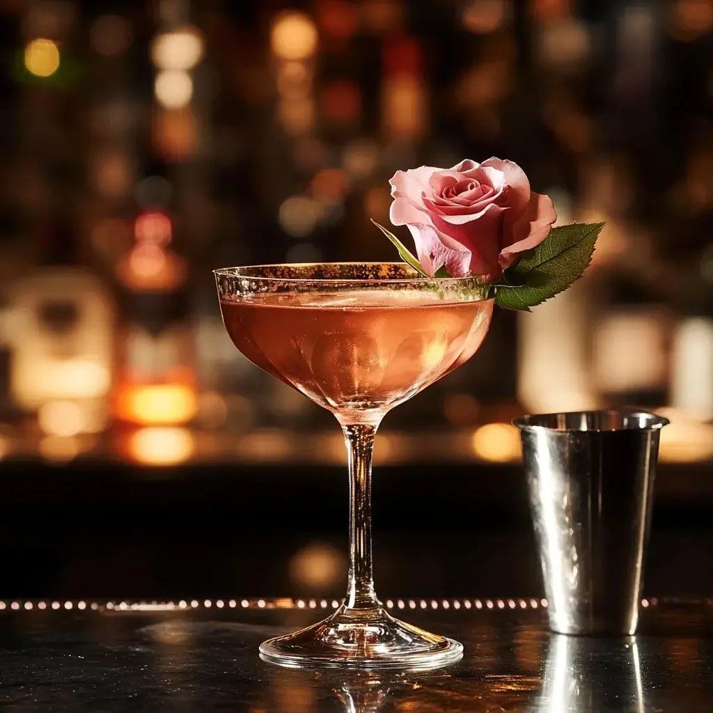 A Rose cocktail made with gin, rose syrup, fresh lemon juice, and a floral garnish, served in an elegant glass on a bar counter.