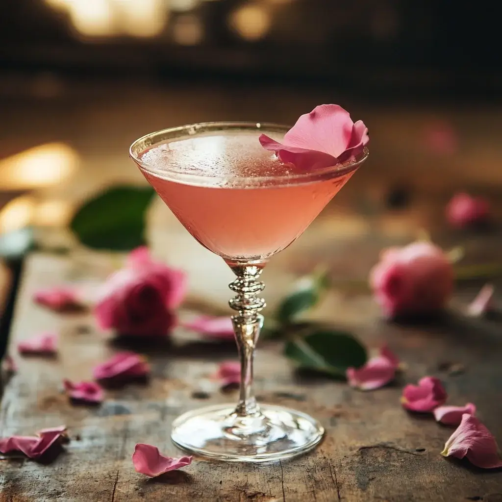 A Rose cocktail made with gin, rose syrup, fresh lemon juice, and a delicate rose petal garnish, served in a sleek glass on a bar counter with soft lighting.
