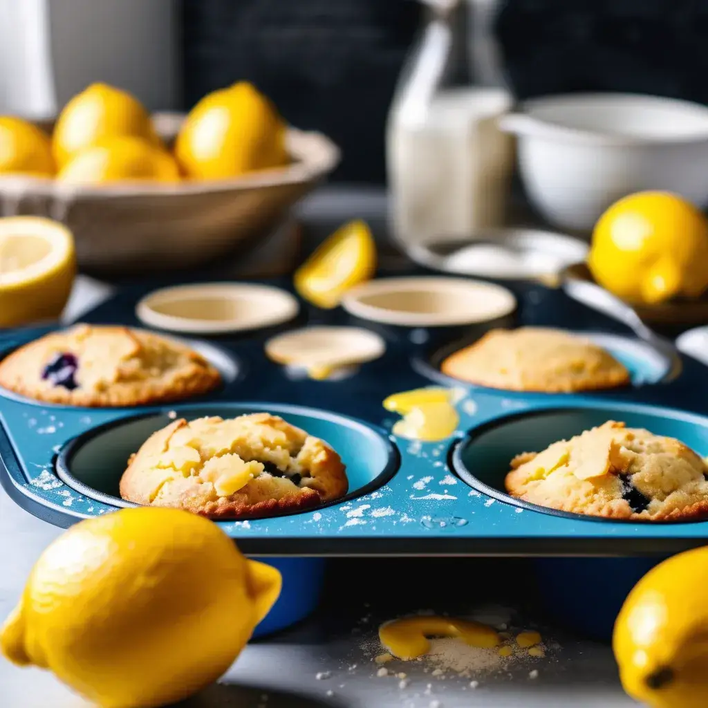 Step-by-step process of making healthy lemon muffins in a cozy kitchen, featuring ingredients like whole wheat flour, almond flour, lemon zest, and non-dairy milk being mixed and folded into muffin batter. The image shows scooping the batter into a muffin tin and preparing it for baking.