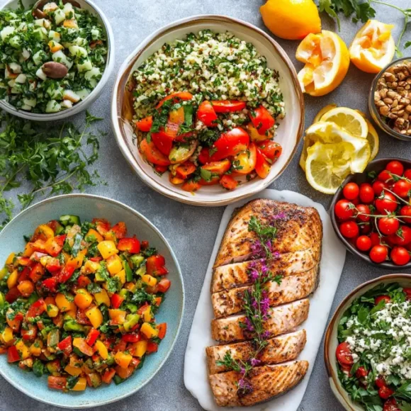 A colorful spread of healthy kosher dinner recipes, including quinoa-stuffed bell peppers, herb-crusted salmon, and fresh vegetable dishes.