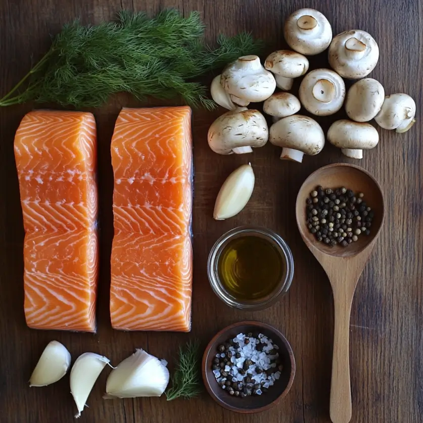 Fresh salmon fillets, earthy mushrooms, garlic cloves, herbs, olive oil, and seasonings arranged on a rustic wooden surface, showcasing key ingredients for a flavorful salmon mushroom recipe.