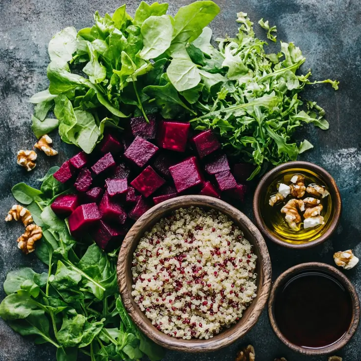 A flat-lay of fresh, colorful ingredients prepared for a nutritious salad. The quinoa is cooked and slightly cooled, placed in a rustic bowl. Diced roasted or boiled beets sit beside the quinoa, with vibrant leafy greens like spinach, arugula, and kale scattered around. A simple dressing of olive oil, lemon juice, salt, and pepper is in a small bowl. Optional add-ins include crumbled feta cheese, toasted walnuts, and fresh parsley or mint sprigs, completing the vibrant, fresh setup.