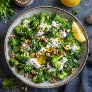 A vibrant Turkish Broccoli Salad with creamy yogurt dressing, sprinkled with sumac or Aleppo pepper, and topped with chopped walnuts or almonds and freshly chopped parsley and mint. The salad is fresh, colorful, and full of texture, with a delicious blend of spices and herbs.