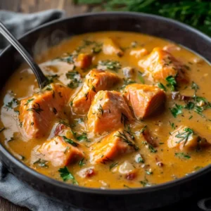 A comforting bowl of hearty salmon stew, filled with tender salmon, vegetables, and a rich broth.