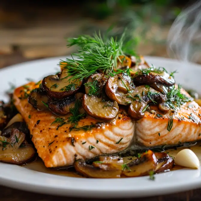 Seared salmon fillets with sautéed mushrooms, garnished with fresh herbs, served on a plate and ready to eat.