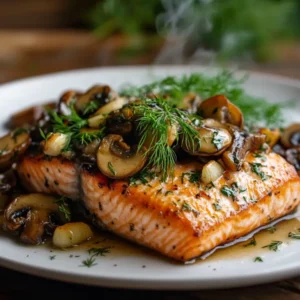 A delicious salmon mushroom dish featuring perfectly seared salmon fillets with sautéed mushrooms and garlic, garnished with fresh herbs for a flavorful and healthy meal.