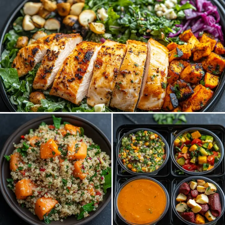 A series of images showcasing different ways to serve a vibrant salad. The first image shows the salad as a main course, topped with grilled chicken or salmon, surrounded by quinoa and leafy greens. The second image features the salad as a side dish, paired with roasted vegetables and a cup of soup. The third image displays meal prep containers with neatly divided portions of the salad for easy grab-and-go lunches. The final image presents the salad elegantly plated on a large serving dish, garnished with fresh herbs and toasted nuts, ideal for a special occasion