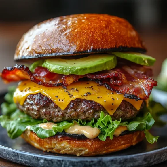A delicious keto burger with a juicy patty, avocado, cheese, bacon, and keto-friendly buns or lettuce wraps, served on a clean plate.