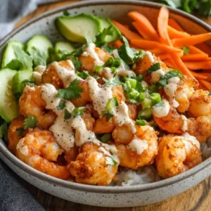 A bowl of Healthy Bang Bang Shrimp served with a creamy, light sauce made from Greek yogurt and sriracha, topped with fresh cilantro and a sprinkle of green onions. The shrimp are crispy, golden-brown, and arranged on a plate with a side of vegetables and garnishes, all presented on a wooden countertop with soft natural light.