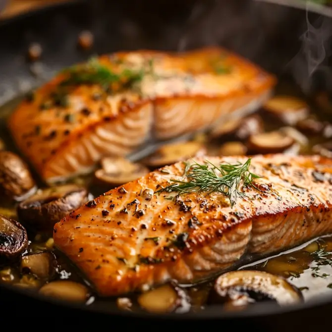 Seared salmon fillets resting in a skillet with sautéed mushrooms and garlic, simmering together as flavors blend.