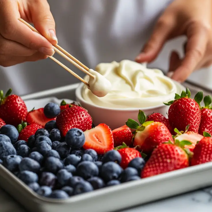 Step 1-3 of making yogurt-covered fruit snacks: prepping fresh fruit, mixing yogurt with honey, and dipping fruit into yogurt for coating.