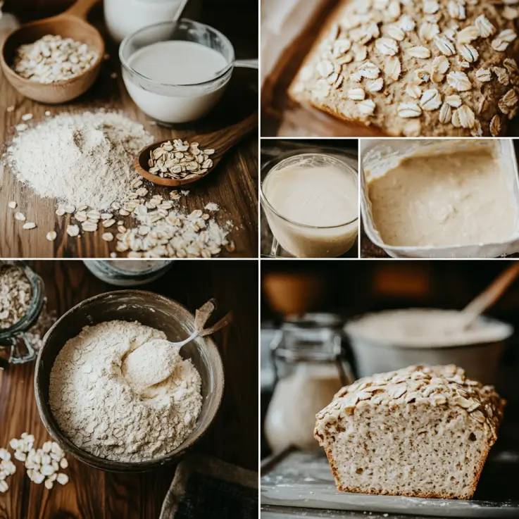 A photo collage illustrating the process of making oat bread. The first image shows a rustic kitchen with ingredients including oats, oat flour, milk, and baking powder on a wooden counter. The second image captures a mixing bowl with oats and liquid, forming a dough. The third image shows the dough being poured into a greased loaf pan. The fourth image shows the bread baking in the oven, with a golden-brown crust forming. The final image displays the freshly baked loaf of oat bread cooling on the counter, with a few slices cut to reveal a soft, airy texture. Each step is captured with warm, natural lighting, creating a homely, rustic atmosphere.