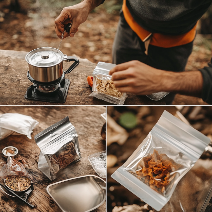 Step-by-step guide to preparing healthy freeze-dried meals outdoors, showing boiling water, adding hot water to a freeze-dried meal pouch, stirring, sealing, and waiting for rehydration. The process takes place in a rustic campsite setting, highlighting the simplicity and convenience of preparing freeze dried meals with minimal equipment.