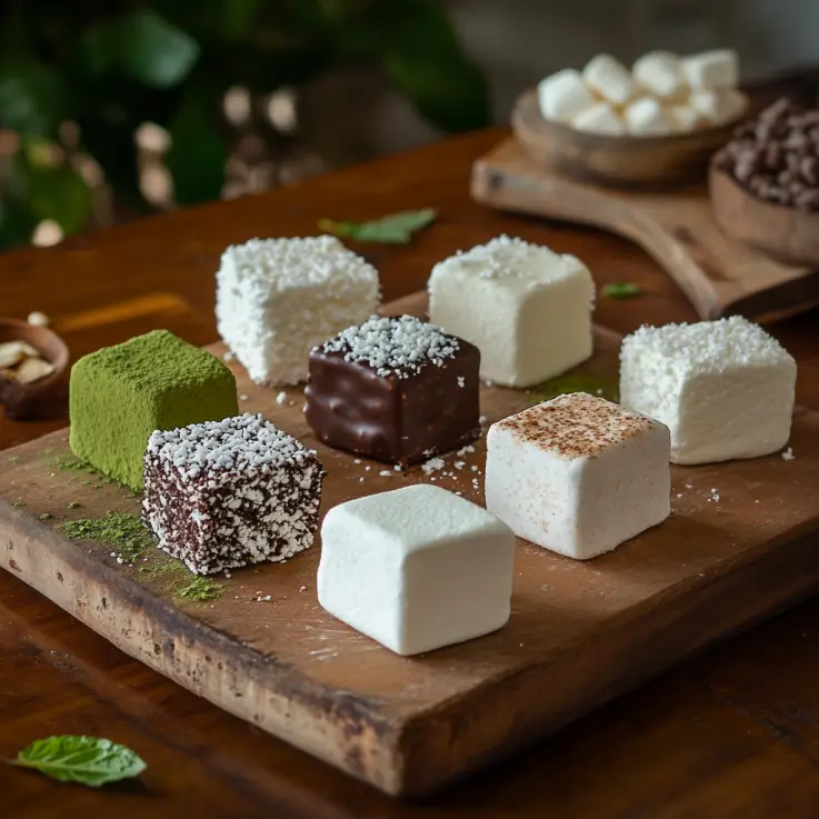 A rustic kitchen scene showcasing seven creative variations of healthy marshmallows, each uniquely flavored. Vanilla bean marshmallows feature specks of real vanilla beans. Dark chocolate-dipped marshmallows have a rich, glossy coating. Matcha marshmallows have a soft green tint. Coconut-covered marshmallows are rolled in shredded coconut flakes. Mint-infused marshmallows appear with a fresh green color. Chai-spiced marshmallows are dusted with cinnamon and cardamom. Peanut butter marshmallows have a creamy swirl of peanut butter. All variations are artistically arranged on a wooden countertop with soft, warm lighting highlighting their natural, wholesome ingredients.