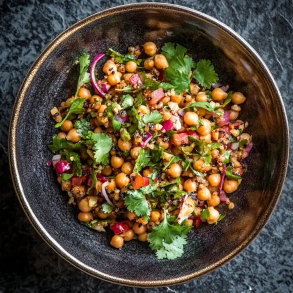 Fresh Moroccan chickpea salad with chickpeas, diced vegetables, herbs, and a flavorful dressing.