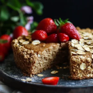 A cozy kitchen scene with all the ingredients for a vegan oat cake: rolled oats or oat flour, plant-based milk, maple syrup, mashed banana, flaxseed meal, baking powder, cinnamon, salt, raisins, and chopped nuts. A large mixing bowl with the wet ingredients being stirred, and a greased cake pan ready for batter. Measuring cups and spoons are nearby, and a preheated oven is in the background, giving the scene a warm, inviting vibe.