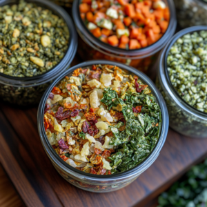 A variety of healthy freeze-dried meals packaged in eco-friendly containers, showcasing nutritious ingredients like vegetables, grains, and lean proteins.