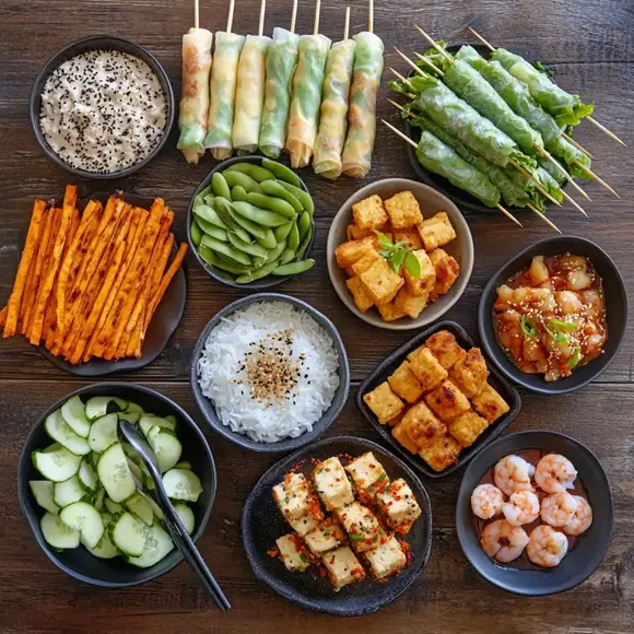 A collection of healthy, Asian-inspired snacks: edamame with sea salt, veggie spring rolls, tofu skewers, kimchi, rice paper rolls with shrimp, miso soup, Japanese mochi, chili-salted Asian pear, sweet potato fries, and chia pudding with coconut milk, arranged on a rustic table.