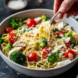 A vibrant and healthy Chicken Broccoli Pasta Salad featuring cooked pasta, tender chicken, blanched broccoli, cherry tomatoes, red onion, shredded cheese, and a drizzle of dressing. The ingredients are mixed together in a large bowl, creating a colorful and appetizing dish.