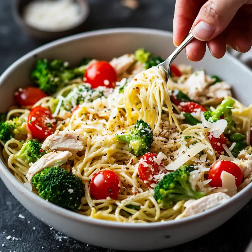 A vibrant and healthy Chicken Broccoli Pasta Salad featuring cooked pasta, tender chicken, blanched broccoli, cherry tomatoes, red onion, shredded cheese, and a drizzle of dressing. The ingredients are mixed together in a large bowl, creating a colorful and appetizing dish.