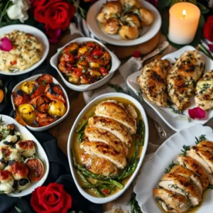 A romantic table setting with 15 different chicken dishes for Valentine’s Day, including creamy Tuscan chicken, garlic butter chicken with herbs, honey glazed chicken with roasted vegetables, chicken parmesan, stuffed chicken breast with spinach and cheese, and more. Each dish is beautifully plated and served in an elegant setting with soft lighting and romantic touches.