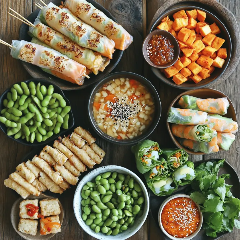 A variety of healthy Asian snacks recipes including edamame with sea salt, veggie spring rolls, tofu skewers, kimchi, rice paper rolls with shrimp, miso soup, Japanese mochi, chili-salted Asian pear, sweet potato fries, and chia pudding with coconut milk, showcasing vibrant colors and fresh ingredients.