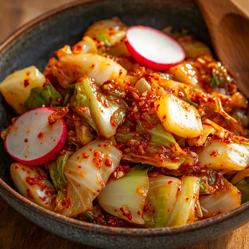 A bowl of homemade kimchi made from napa cabbage, radishes, garlic, and chili flakes, showcasing vibrant red colors and the tangy, spicy texture of the fermented dish.