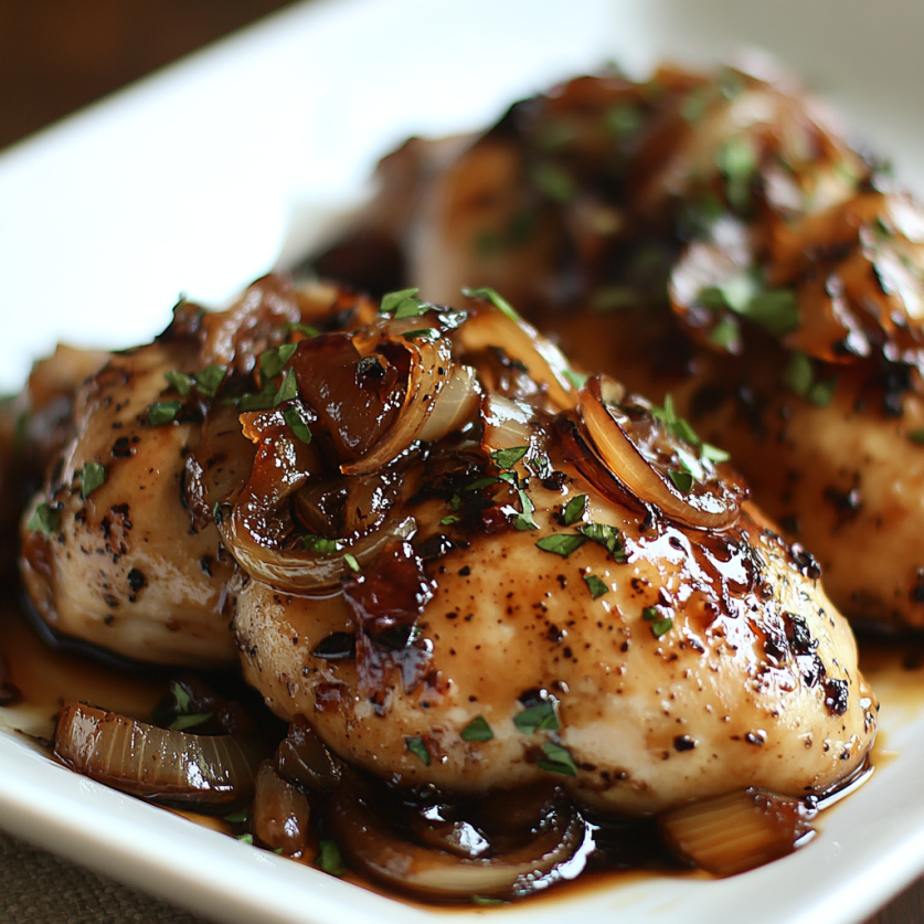 A beautifully plated chicken dish, such as balsamic glazed chicken with caramelized onions, perfect for a romantic meal. This dish exemplifies chicken recipes for Valentine’s Day, with rich flavors and a heartwarming presentation.