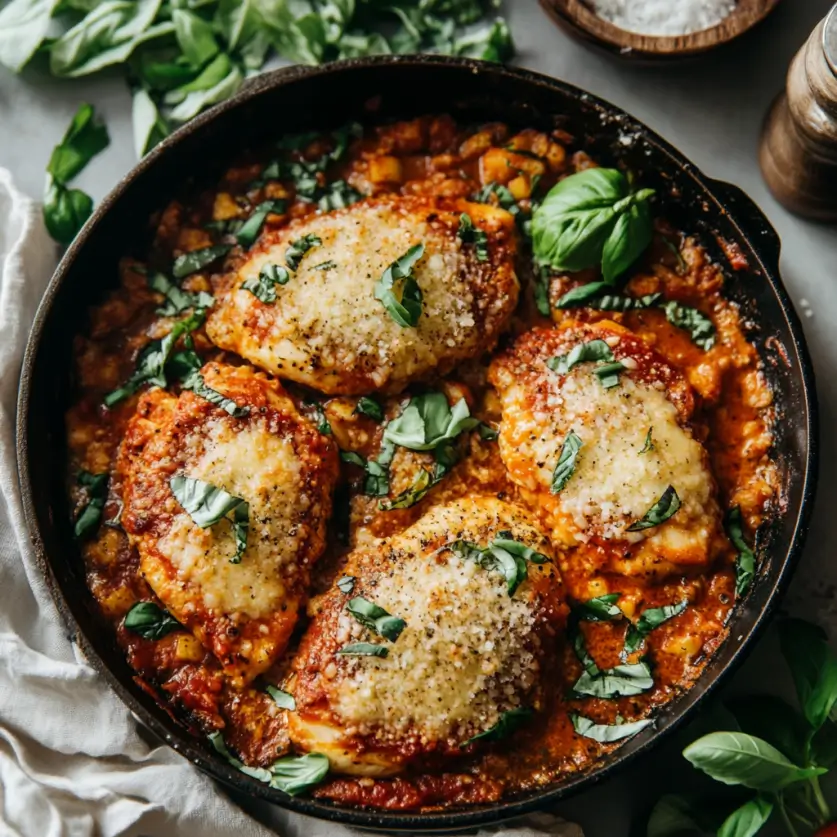 Classic chicken parmesan, featuring breaded and fried chicken cutlets topped with marinara sauce and melted mozzarella cheese, served with a side of pasta. This Italian-inspired dish is a perfect choice for chicken recipes for Valentine’s Day, offering rich flavors and a romantic touch.