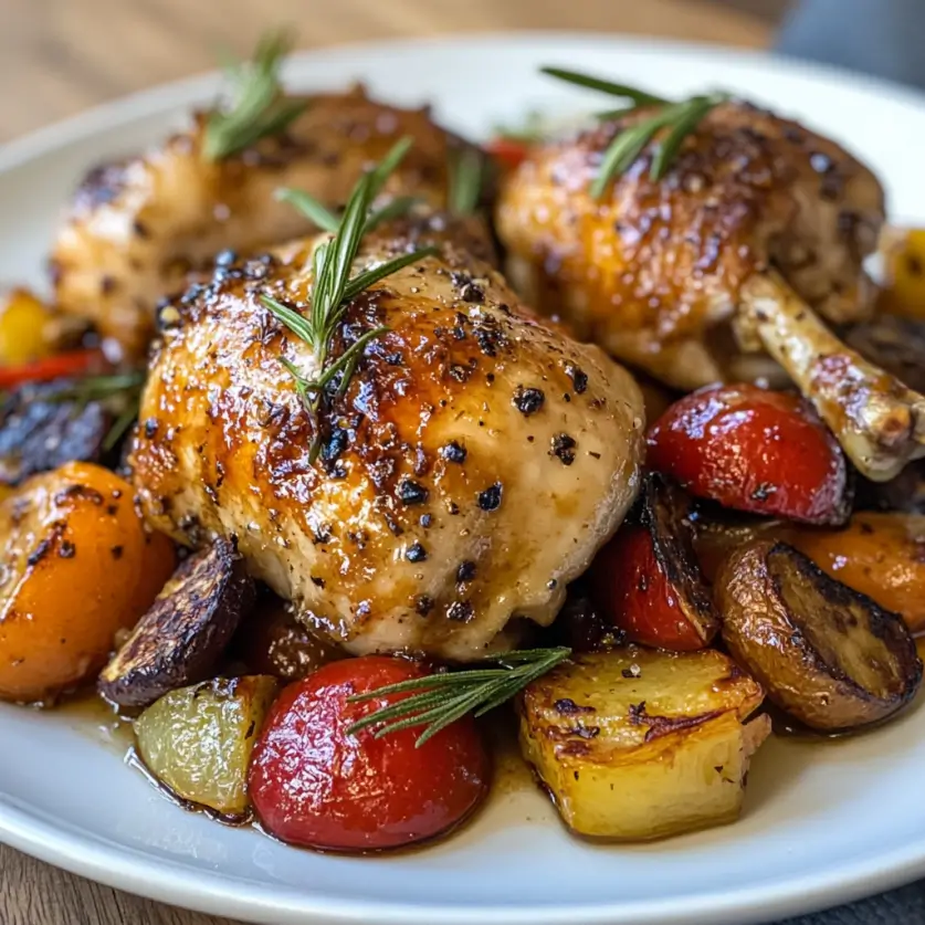 Honey glazed chicken served with a drizzle of sweet glaze, accompanied by roasted vegetables like carrots, potatoes, and bell peppers. This dish is a delicious and savory choice for chicken recipes for Valentine’s Day, combining sweet and savory flavors in a comforting meal.