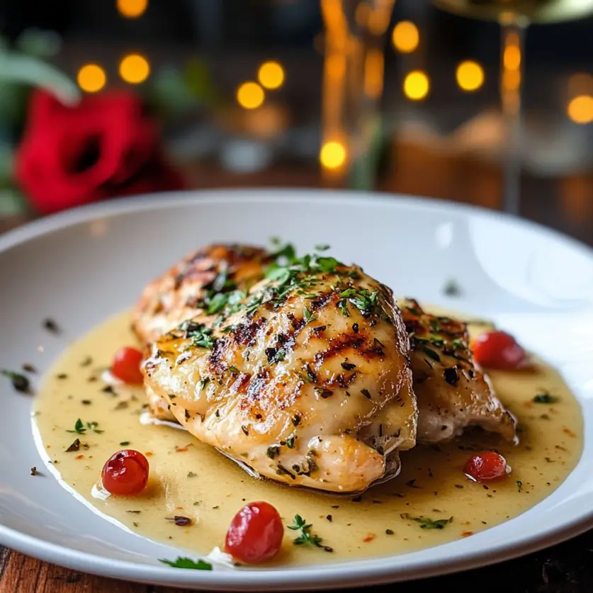 Romantic garlic butter chicken with herbs, featuring tender chicken breasts cooked in a rich, creamy garlic butter sauce, garnished with fresh herbs like thyme and rosemary, perfect for a cozy and flavorful Valentine’s Day dinner.