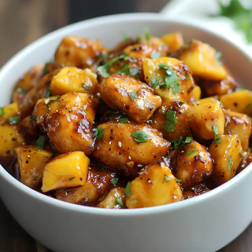 Sweet and spicy mango chicken, featuring tender chicken breasts glazed with a tangy mango sauce, garnished with fresh cilantro. This vibrant and flavorful dish is a perfect choice for chicken recipes for Valentine’s Day, combining sweet and spicy flavors in an unforgettable meal.