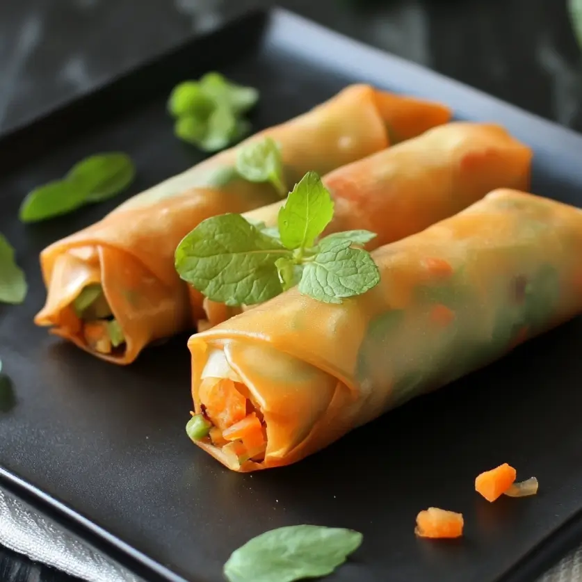 Fresh veggie spring rolls filled with carrots, cucumber, and lettuce wrapped in rice paper, served with a side of peanut dipping sauce, showcasing vibrant colors and freshness.