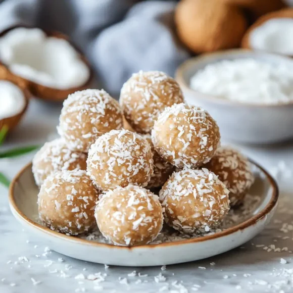 Close-up of homemade peanut butter energy balls with coconut powder, showcasing their golden brown color and lightly dusted coconut coating. The texture appears soft and chewy, with a hint of dark chocolate chips mixed in