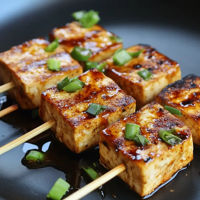 Grilled tofu skewers marinated in soy sauce and sesame oil, garnished with sesame seeds and fresh herbs, showcasing a golden, charred exterior.